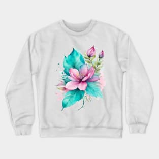 watercolor pink teal flower and leaf Crewneck Sweatshirt